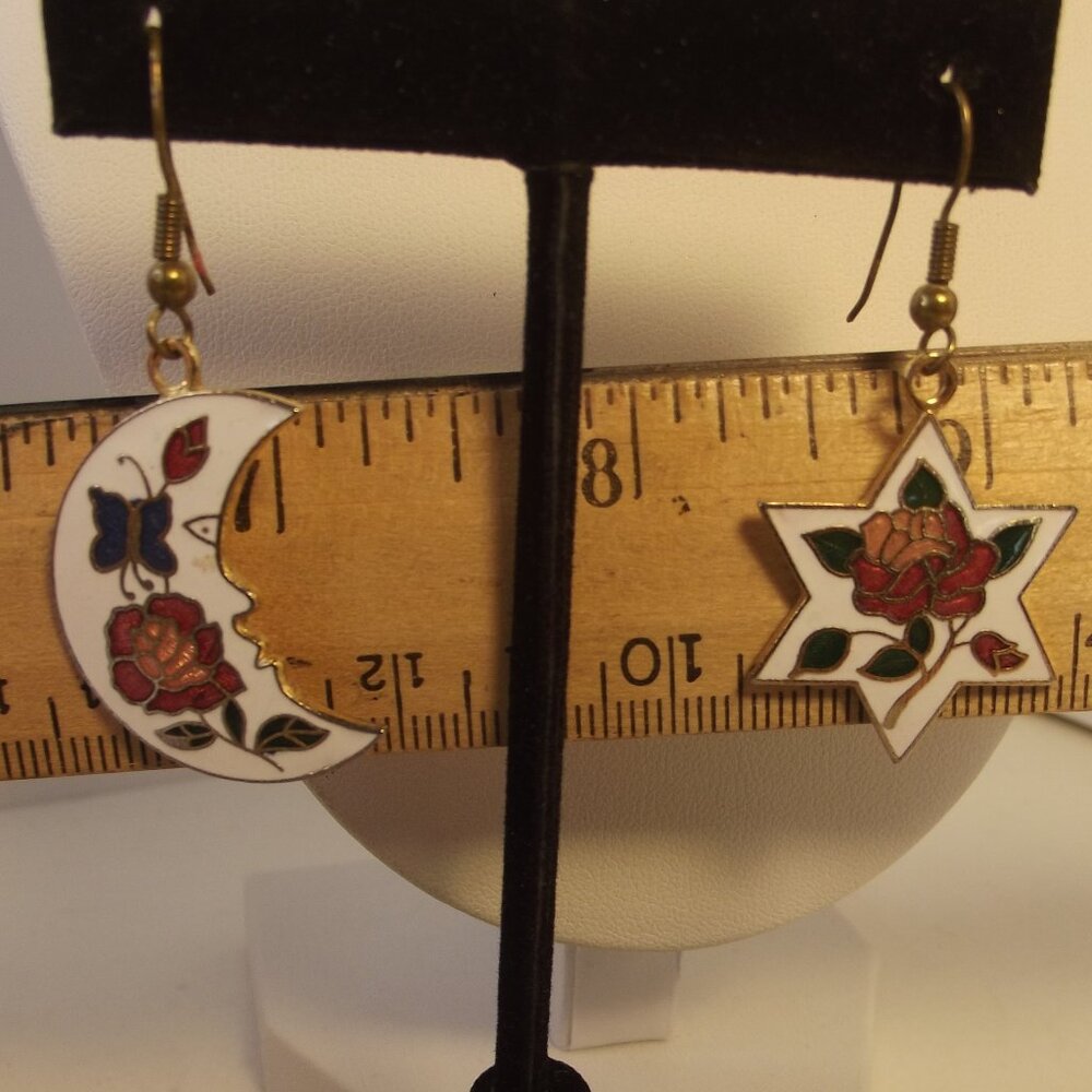 Vintage Cloisonne Earrings Moon & Star - Flower Butterfly